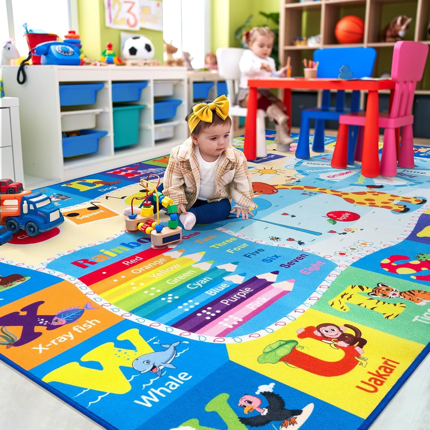 Kids Rugs for Playroom Bedroom Classroom Nursery, Non-Slip and Washable Rugs for Children Toddlers Girls, Educational and Fun Rug Carpets with ABC Alphabet Animals Shapes, 6x9, Blue
