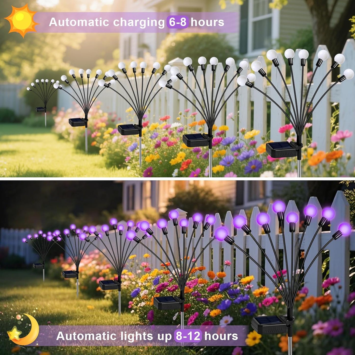 Solar Garden Lights – 16 LEDs Solar Firefly Lights, Purple Swaying Lights Outdoor Waterproof, 2 Pack 8 Heads Garden Decorative for Yard Patio Pathway Lawn Decorations