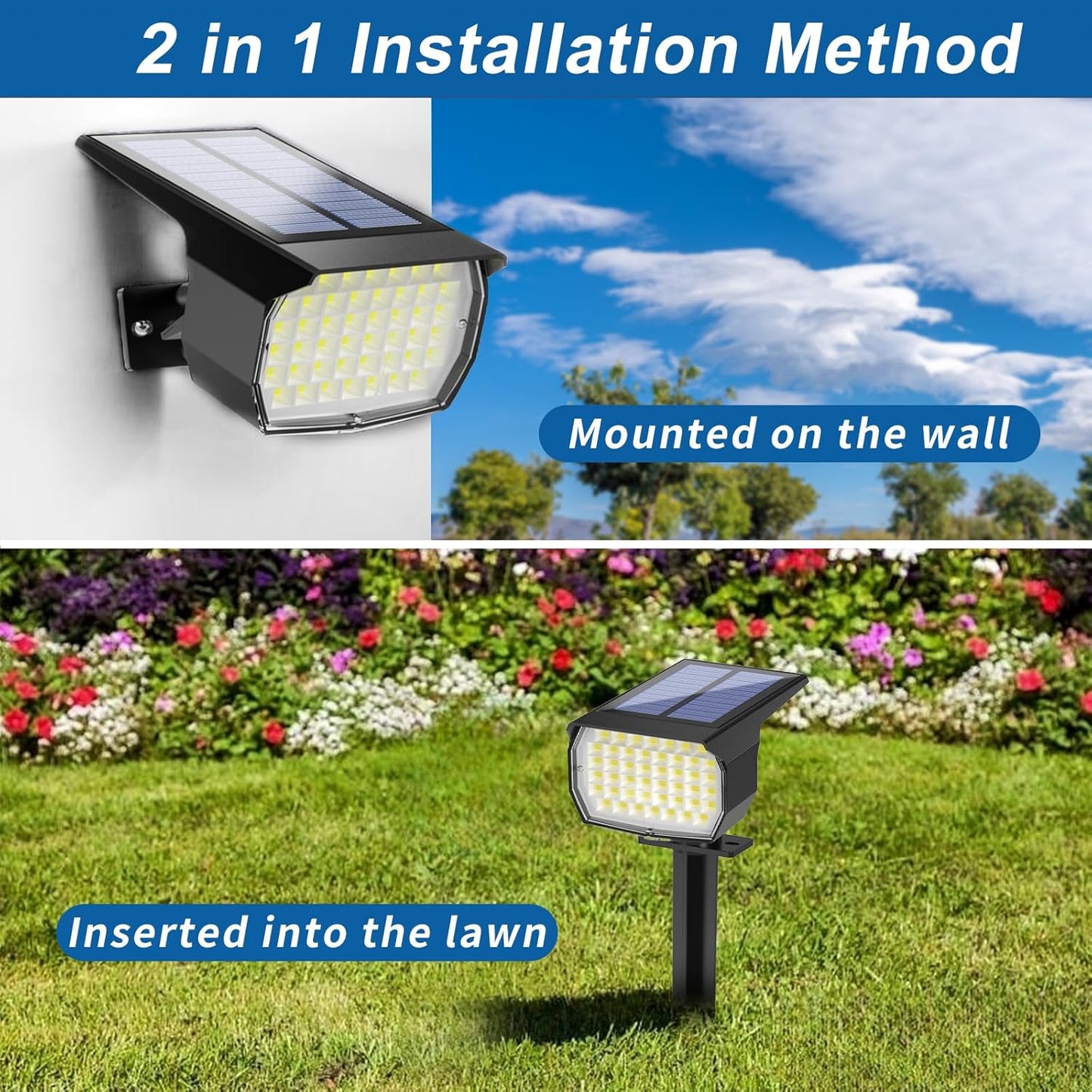 Solar Spot Lights Outdoor Waterproof IP65, 2 Pack Landscape Spotlights with 46 LEDs, 3 Modes Auto On/Off Solar Powered Flood Lights for Outside Pathway, Yard, Garden, Walkway (Cool White)