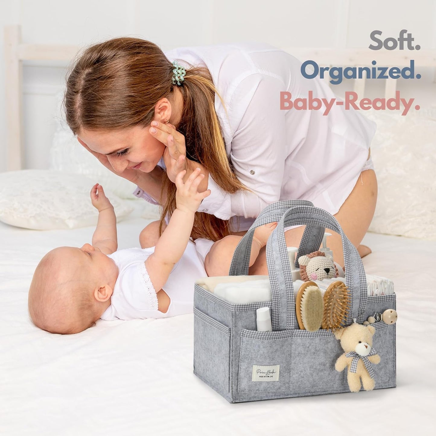 PeraBella Diaper Caddy Organizer with Handle, Baby Shower Gifts Basket Bag, Registry Search Must Haves Items, Nursery Storage Organizer for Newborn Girl Boy, Baby Bag Essentials, Car Diaper Caddy Cart