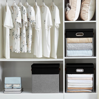 Fabric Storage Cubes with Clear Windows and Lids 11'' Foldable Storage Bins with 3 Handles, Decorative Storage Boxes for Home, Bedroom, Closet, Office (Black&Gray)