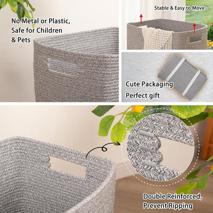 OIAHOMY Laundry Hamper, Laundry Basket，Rectangle Cotton Storage Basket with Handles, Large Blanket Basket for Living room, Woven Decorative Storage for Toys,Clothes,Pillows-16x13x22in-Grey variegated