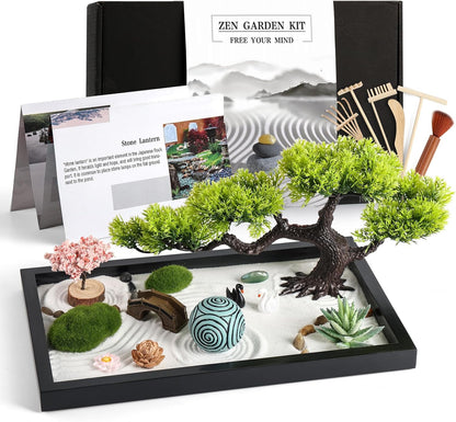 Zen Garden Kit for Desk Decor - Premium Beautiful Japanese Mini Zen Sand Garden Box Set for Home, Office with Black Wooden Tray, White Sand, Tools, Sandball - Desktop Meditation, Accessories