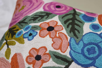 Roses Floral Pillow Cover Flower Farmhouse Chair Cushion Suzani Flowers Pillowcase Boho Florals Accent Throw Pillowsham Wool Hand Embroidered Size 18x18