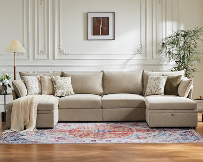 134.6" Oversized Modular Sectional Sofa, 6 Seater U Shaped Couch with Storage Ottoman with Reversible Chaise Deep Seat for Living Room, Apartment - Chenille Beige