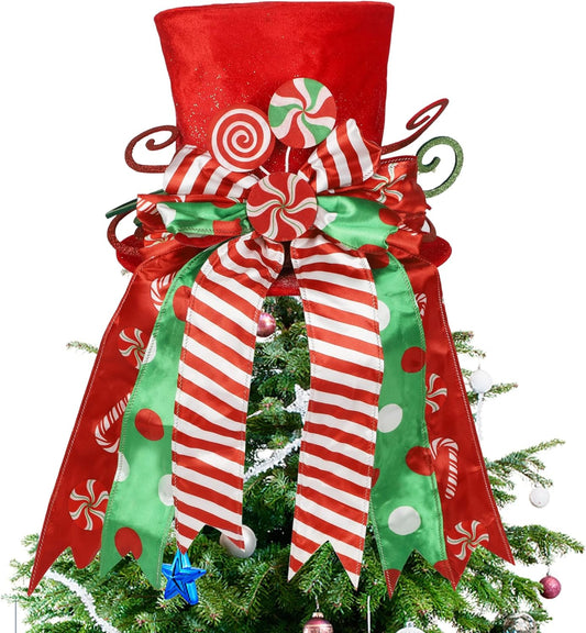 yofit Christmas Tree Topper Hat, Large Red Hat with Striped Bow Ribbon & Lollipop, Christmas Tree Decorations Top Hat, Desktop Ornaments for Home Xmas Holiday Winter Decor