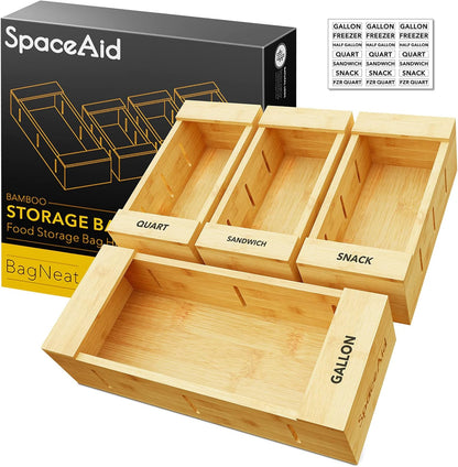 SpaceAid Bag Storage Organizer for Kitchen Drawer, Bamboo Organizer, Compatible with Gallon, Quart, Sandwich and Snack Variety Size Bag (4 Pack)