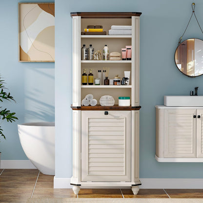 DWVO Tilt Out Laundry Hamper, Farmhouse 4-Tier Storage Cabinet with Removable Laundry Basket, Laundry Hamper Organizer with 2 Adjustable Shelves for Laundry Room, Bathroom, White