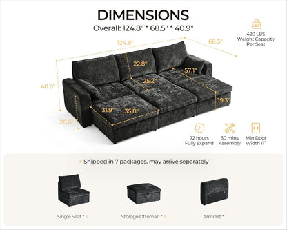 Oversized Modular Sofa Comfy Cloud Couch with Storage, Extra Deep Plush Sectional Sofa Set for Living Room, Covers Washable, Chenille, Olar (Black, 6-Seater with 3 Ottomans, Sleeper)