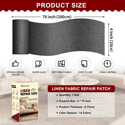 Linen Repair Tape 4x79 inch, Self Adhesive Fabric Patches, Linen Patch Tape Kit, Fabric Repair Tape for Couch Sofas, Headboards, Chairs, Pillows, Curtains, Couches - Black Grey