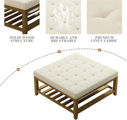 Large Square Ottoman Coffee Table, Linen Solid Upholstered Footrest Ottoman with Solid Wood Shelf Storage Tufted Coffee Table for Bedroom Living Room, Ivory