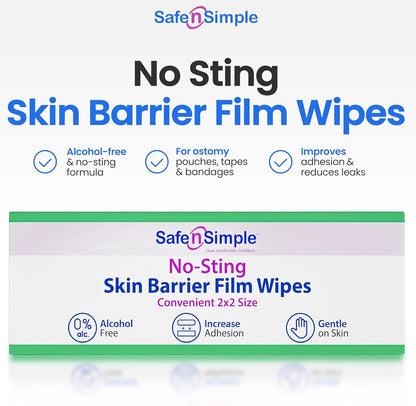 Safe n' Simple No Sting Skin Prep Wipes - 100 Individual Ostomy Barrier Film 2.4" x 2.4" - Skin Barrier Film Wipes for Ostomy - Protective Sting Free Skin Barrier