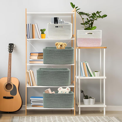 COMFY-HOMI Cotton Rope Woven Basket with Handles for Shelves,Toys,Book, Cloth Storage Baskets for Organizing-17" x 13" x 7.5" Toy Decorative Organizer for Living Room, Bathroom （Green）