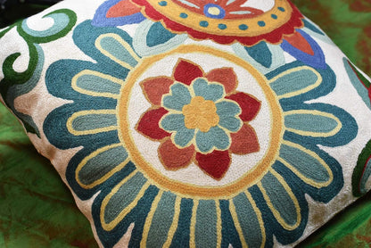 Daisy Floral Pillow Cover Teal Flower Pillowcase Flowery Outdoor Cushion Suzani Accent Pillowsham Flower Floral Chair Cushion Hand Embroidered Cushions Wool Size 18x18
