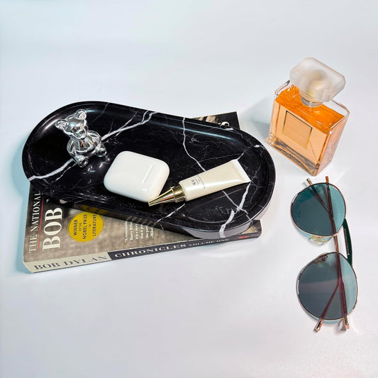 JINGJU Black Root Marble Oval Tray 10x5inches, Natural Stone Decorative Tray for Jewelry, Candle, Bathroom Counter, Coffee Table