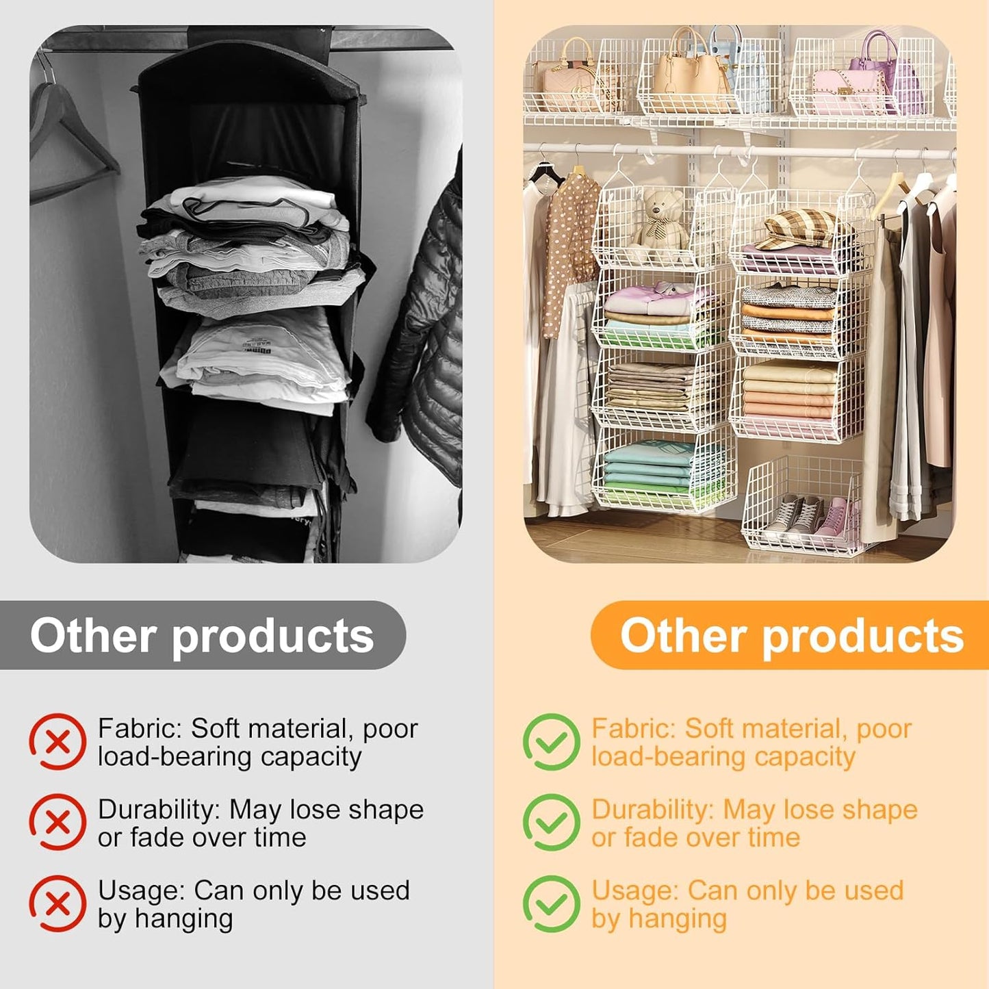 X-cosrack 4 Tier Closet Hanging Organizer, Foldable Closet Shelving with 2 Hanging Hooks 5 S Hooks, Wire Storage Basket for Wardrobe Laundry Room, for Clothing Sweaters Shoes Handbags Patent-White