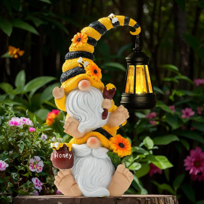 Solar Bee Garden Gnomes with LED Lantern – Waterproof Stacked Outdoor Decor for Yard, Patio – Unique Gnome Gift for Mom, Grandma, Women (Weatherproof Resin Outdoor Statues)