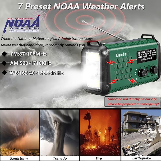 20000mAh/ 74000mWh Hand Crank Emergency Radio, AM/FM/NOAA Weather Radio, Battery Powered Solar Radio with USB Phone Charger, Reading Lamp Flashlight & SOS for Emergency (Army Green)