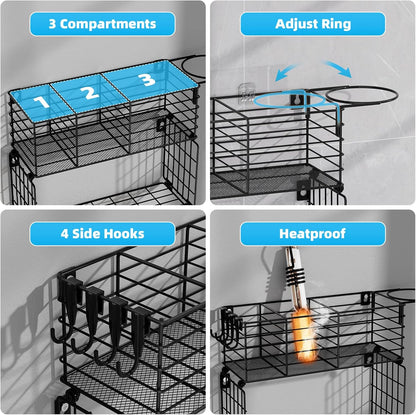 VITVITI Metal Hair Tool Organizer with Toilet Paper Basket, Bathroom Blow Dryer Curling Iron Holder Wall Mount, 2 Tiers Styling Tools Organizer for Straightener with Hooks, Black