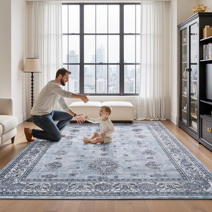 AMOAMI-Vintage Area Rug 6X9 Blue Rugs for Living Room-Soft Living Room Rug Non Slip Rugs for Bedroom Carpet Machine Washable Rug for Dining Room Bedside Office Room Decor