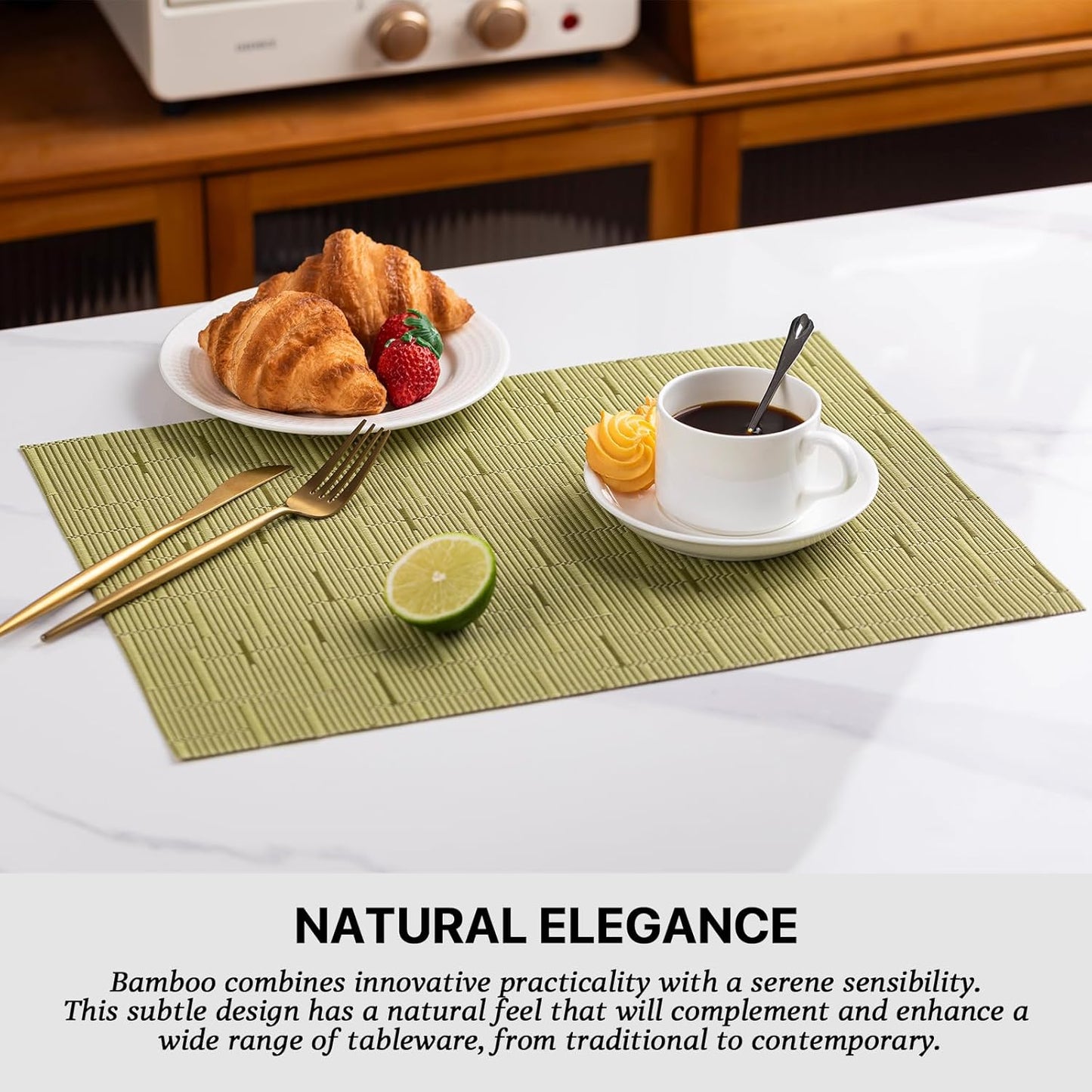 LEXMORE Placemats Set of 12 Vinyl/Plastic Woven Place Mats for Kitchen Table Indoor/Outdoor Washable Placemat Wipeable Dining Table Mats(Pea Green)