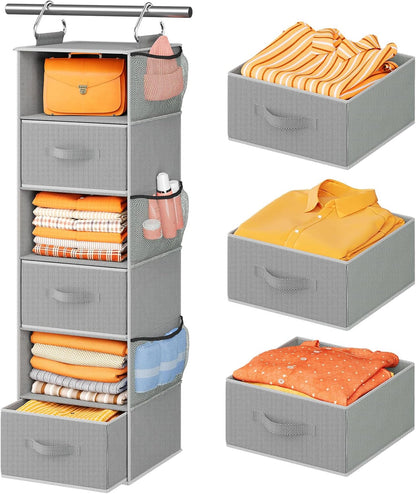 Pipishell Hanging Closet Organizer 6-Shelf, Hanging Shelves for Closet with 3 Removable Drawers & Side Pockets for Bedroom or Garment Rack, 12' x 12' x 43.3', Dark Gray