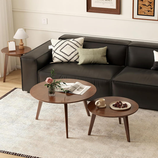 100% Solid Oak Wood Coffee Table Set, Round Coffee Table Combo Side Table w/Solid Wood Legs, Mid Century Table Sturdy Tables for Bedroom Balcony Living Room (Walnut, 3 Pieces)