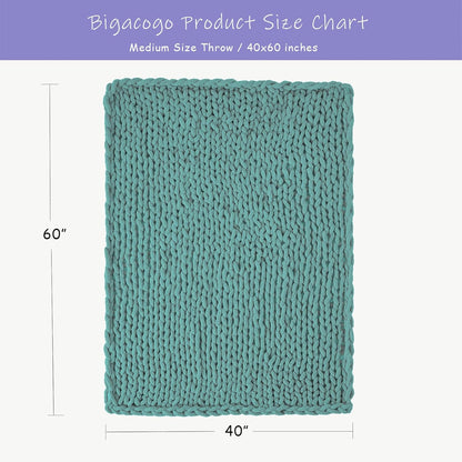 Bigacogo Chunky Knit Throw Blanket for Couch, 40x60 inches, 100% Hand Knitted with Thick Jumbo Chenille Yarn, Cozy Soft Large Rope Knot Cable Crochet Blankets for Sofa Bed Living Room, Light Teal