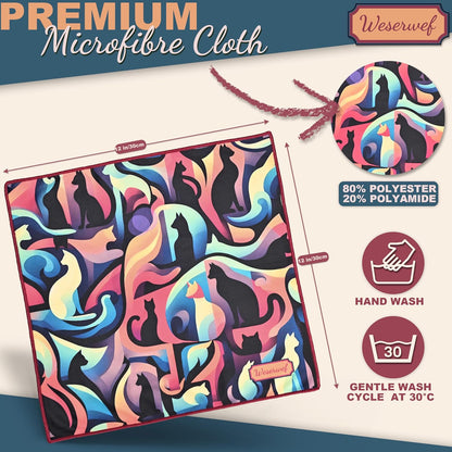 WESERWEF Design Microfiber Glasses Cleaning Cloth – Premium Cleaning Cloth for Eyeglasses, Screens, Tablets, Cameras & Lenses, 12" x 12", Ultra-Soft & Scratch-Free (Cats)