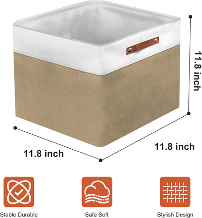 12in Open Fabric Storage Basket with Leather Handles for Organizing, Collapsible Linen Closet Bins for Shelves, Closets, Laundry, Decorative Basket for Gifts. (White＆Khaki, 2PCS/12x12in)