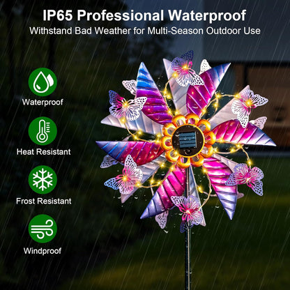 Solar Wind Spinner Outdoor, 360° Metal Large Butterflies Wind Sculpture with Outdoor Kinetic Windmills with Vine String LED Lights for Decor Garden Patio, Lawn & Yard
