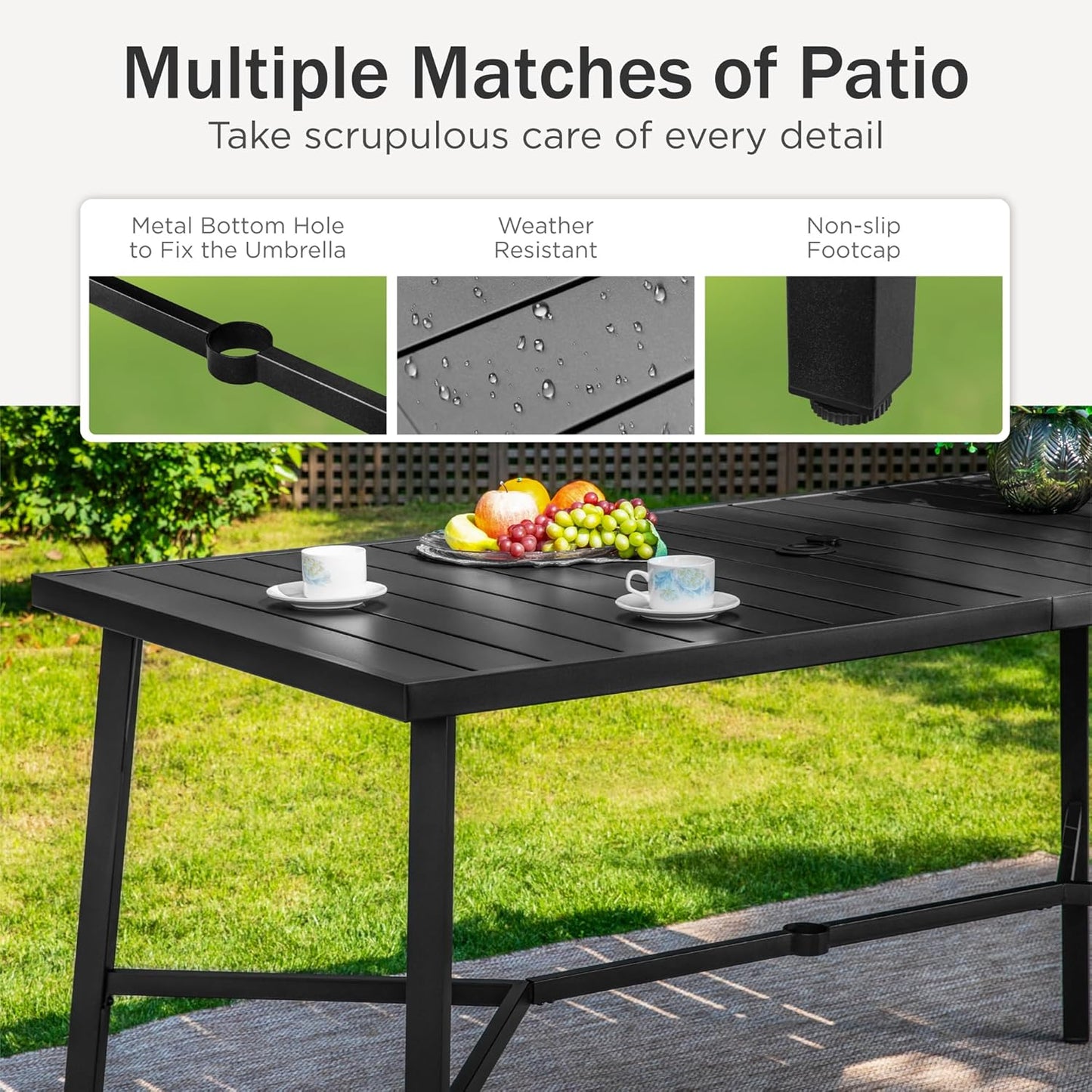 PHI VILLA Outdoor Patio Bar Dining Table for 6, 40" High Top Rectangle Metal Steel Table with 1.97" Umbrella Hole for Garden, Yard and Deck, Black