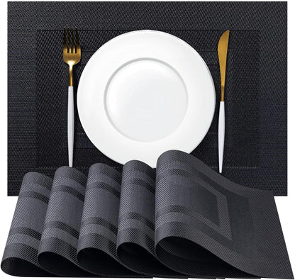 Placemat Set of 4 - Easy Clean Woven Vinyl Placemats for Dining Table, Indoor/Outdoor Place Mats, Washable PVC Table Mats（Black Cube）