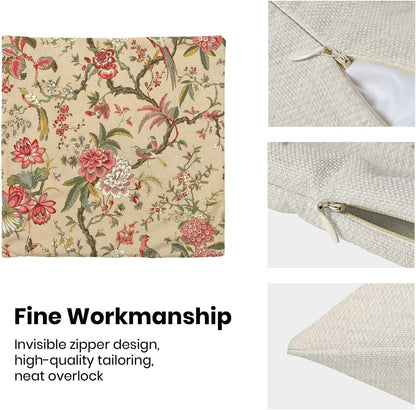 CXMEIFLY Spring Floral Birds Pillow Covers 16 x 16 Inch Set of 2 for Chinoiserie Flowers Decor Throw Pillows Pink Red Plant Outdoor Decorative Cushion Cases for Couch Bed Decorations