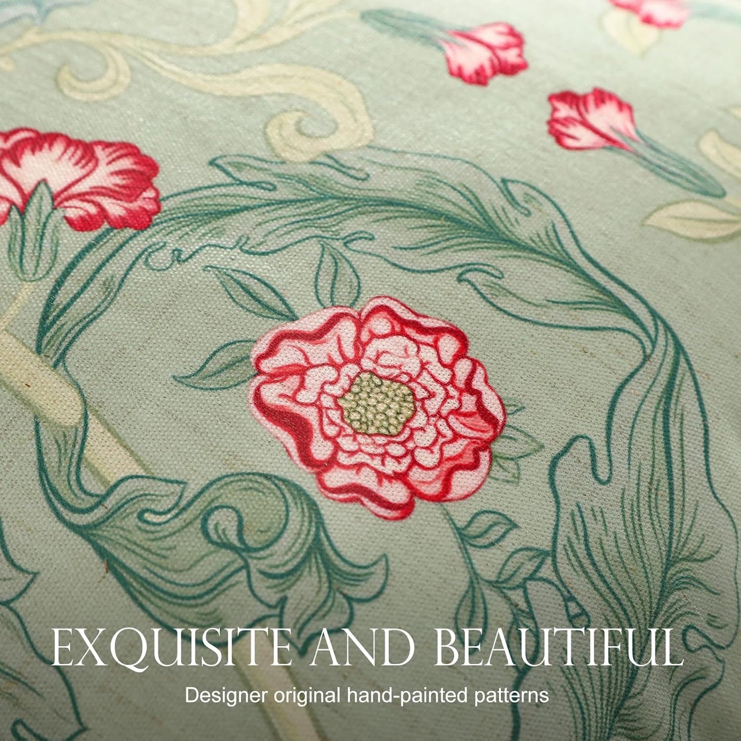 patdrea Designer Pack of 4 Throw Pillow Covers,French Vintage Rustic Linen with Green Floral Pattern Pillows Cover,Decorative Lumbar Square Pillowcases Cushion for Bed Living Room Outdoor Car