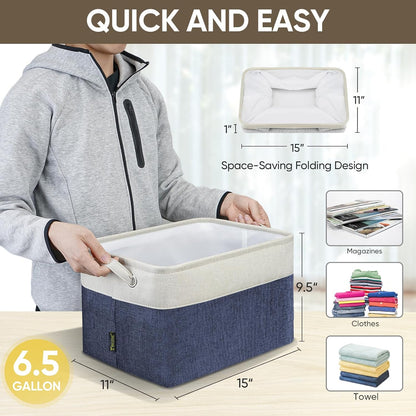 BALEINE 1 Pack Fabric Storage Bins for Shelves, Linen Storage Baskets for Organizing, Decorative Closet Bins for Clothes, Home (Navy Blue, 15''x11''x9.5'')