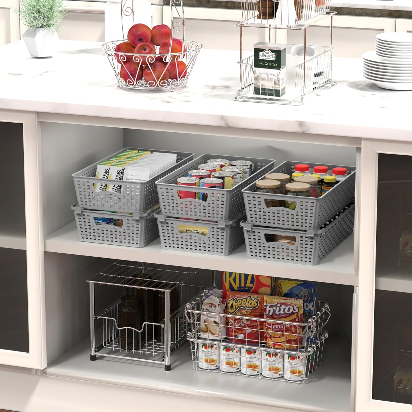 Simple Houseware Stackable Plastic Woven Basket Organizer, 6 Pack, 14.5" x 8.5" x 3.5", Gray