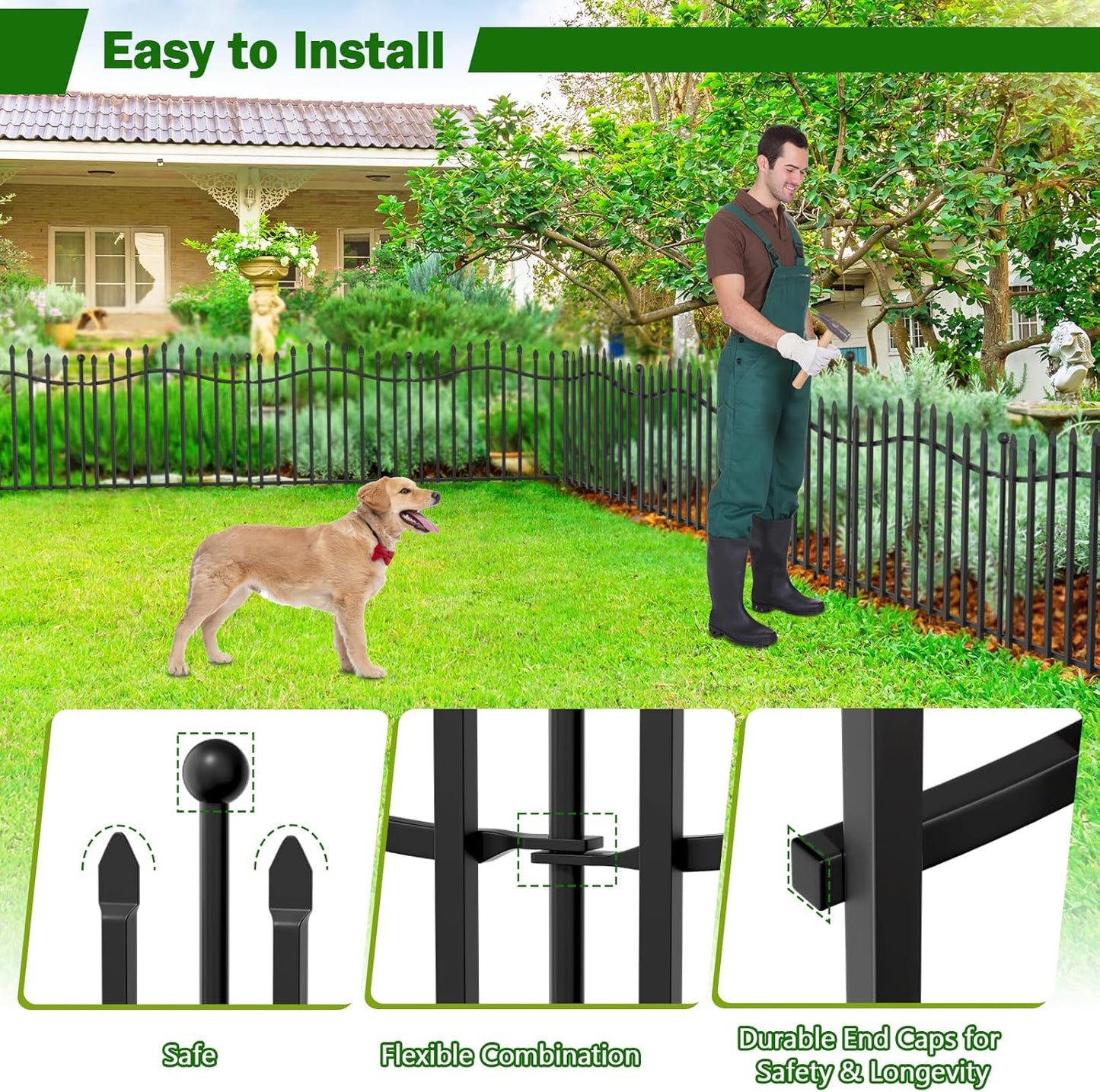 No-Dig Garden Decorative Fence with Gate - 5 Panels 24in H x 11.25ft L, Heavy-Duty Rust-Resistant Metal Dog Fence with Arched Design for Yard, Patio, and Flower Beds - Ideal for Pets and Landscaping