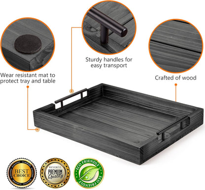 Dark Grey Coffee Table Decorative Serving Tray with Handles & 4 Coasters - 17x13 Inch Wood Tray for Ottoman, Breakfast, Wooden Tray