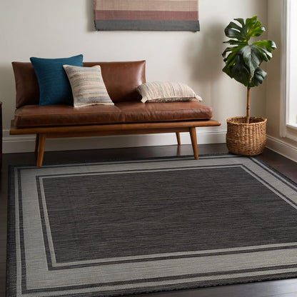 Beverly Rug Outdoor Rug 8x10 Modern Bordered Area Rugs for Indoor and Outdoor Patio Deck Porch Garden Waterproof Weather Sun Resistant Washable Outside Carpet (8 x 10 Dark Gray)
