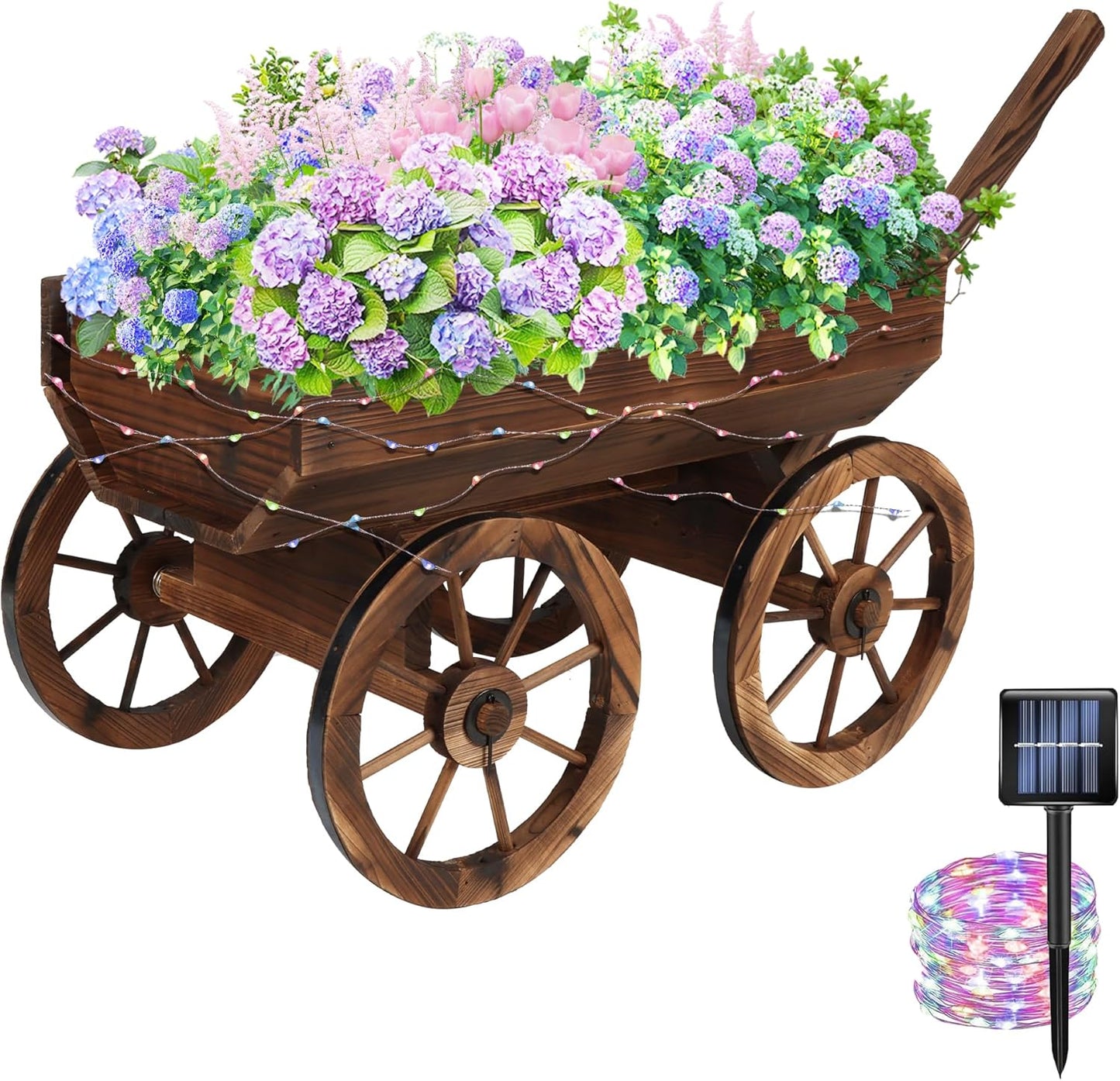 Garden Wooden Decor Rustic Flower Pot,Planters Wagon Indoor Outdoor Backyard Balcony Decor,for Outside Garden Decor Wheelbarrow Planter for Patio (Wooden Wagon with Light)