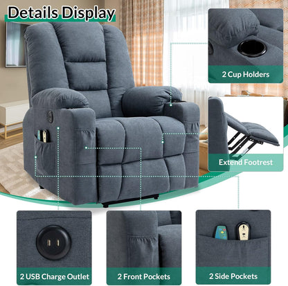 VIVIJASON Power Lift Chair Electric Recliner for Elderly Heated Vibration Massage Soft Fabric Recliner Chair with 2 Remote Controls, USB Ports, Side Pockets & Cup Holders for Living Room (Blue)