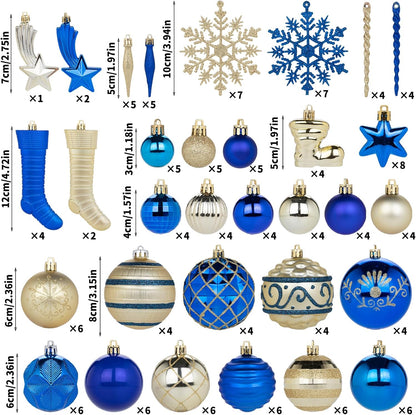 150Pcs Christmas Ball Ornaments Set, Assorted Bauble Ornaments for Xmas Tree, Shatterproof Plastic Hanging Decor for Home/Indoor/Outdoor/Festival/Party (Blue & Gold)