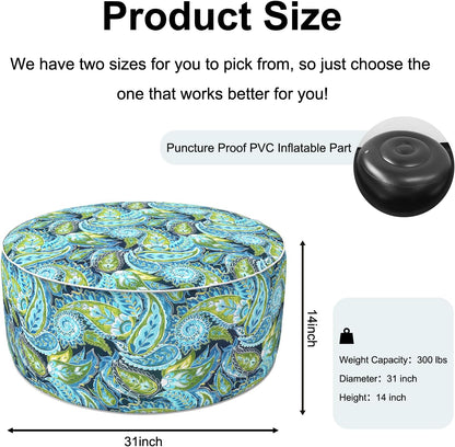 Inflatable Ottoman Stool D31 xH14 for Outdoor/Indoor Use, Water Repellent Patio Foot Rest with Portable Handle,Round Pouf Ottoman Suitable for Garden,Deck and Camping - Paisley Lapis Green