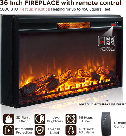 Fireplace TV Stand for 80 Inch TV, 35.7" Tall Farmhouse Entertainment Center W/36'' Electric Fireplace, Media Console with Large Storage Cabinets and Drawers for Living Room, Black