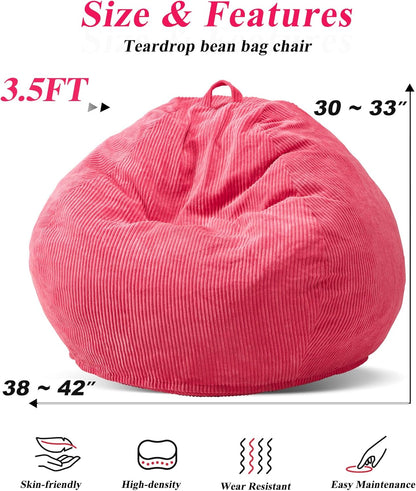 3.5FT Bean Bag Chairs Teardrop Bean Bag Chair for Adults Beanbag Chair with Memory Foam Filled Machine Washable Cover for Living Room, Bedroom (Large,Pink)
