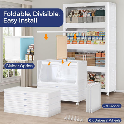 160GAL Extra Large Storage Bins with Lid, 640Qt Stackable Closet Organizers and Drawers, Collapsible Storage Bins with Wheels, Folding Storages Cabinet for Home Bedroom Office, 4Pack White