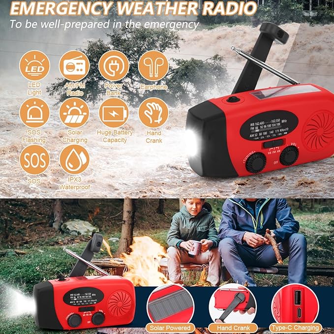 CUIFATI Solar Hand Crank Emergency Radio with LED Flashlight, 2000mAh Portable Weather Radio with AM FM WB, Rechargeable Battery Powered Radio for Outdoor