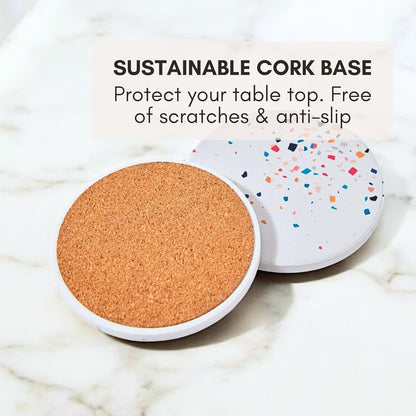 Terrazzo Drink Absorbent Coasters with Holder Set of 6, Ceramic Coaster for Drinks, Coffee Table Decor, Water Absorbing Stone Coaster for Drinks (Color Burst)