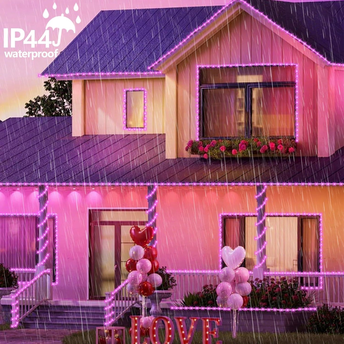 YEGUO Pink Solar Rope Lights Outdoor Waterproof, 2 Packs Each 33ft 100 LED String Lights for Outside, 8 Modes Fairy Lights in Clear Thin Tube for Valentine Party Garden Tree